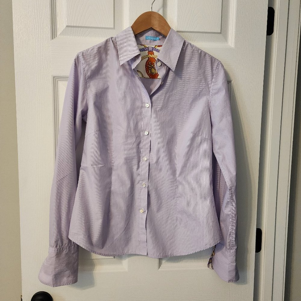 J. McLaughlin Purple Thin White Stripe Button Down Shirt with Silk cuffs Size 8